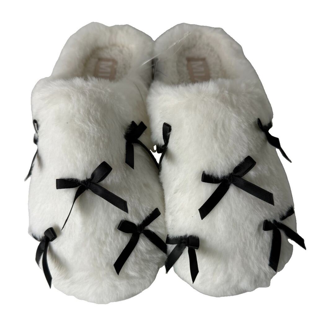 MIA Cozi Slippers Womens 7M White Faux Fur Black Ribbon Bows Slip On Coquette